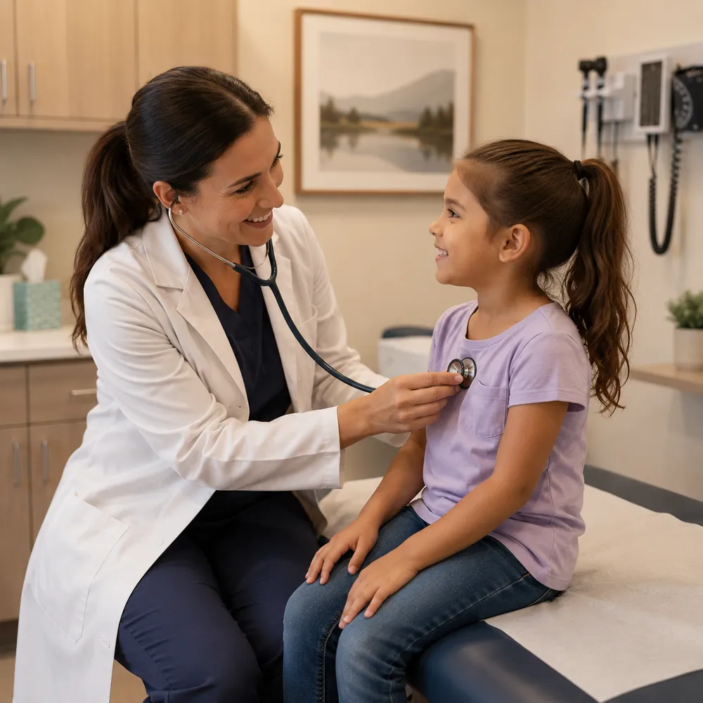 A smiling clinician using a stethoscope to examine a young child during a friendly check-up