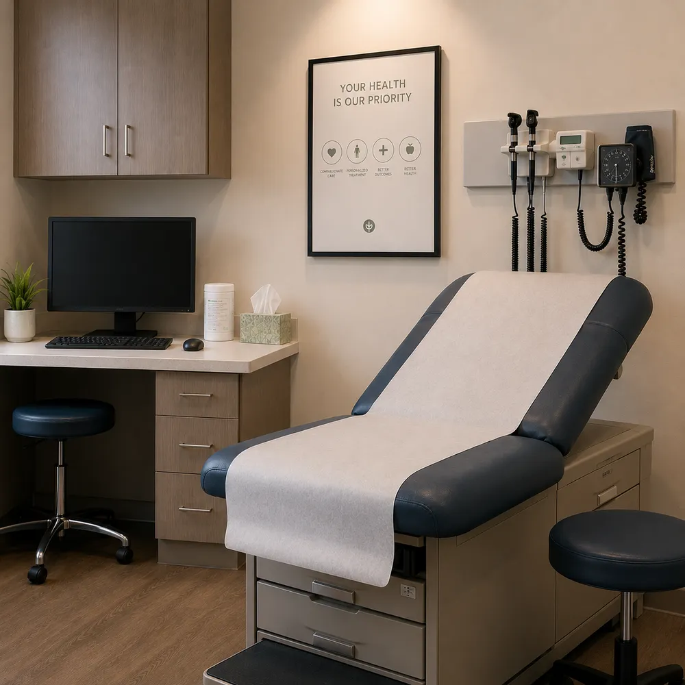 A clean, well-organized exam room with a workstation, exam table, and diagnostic equipment ready for a patient
