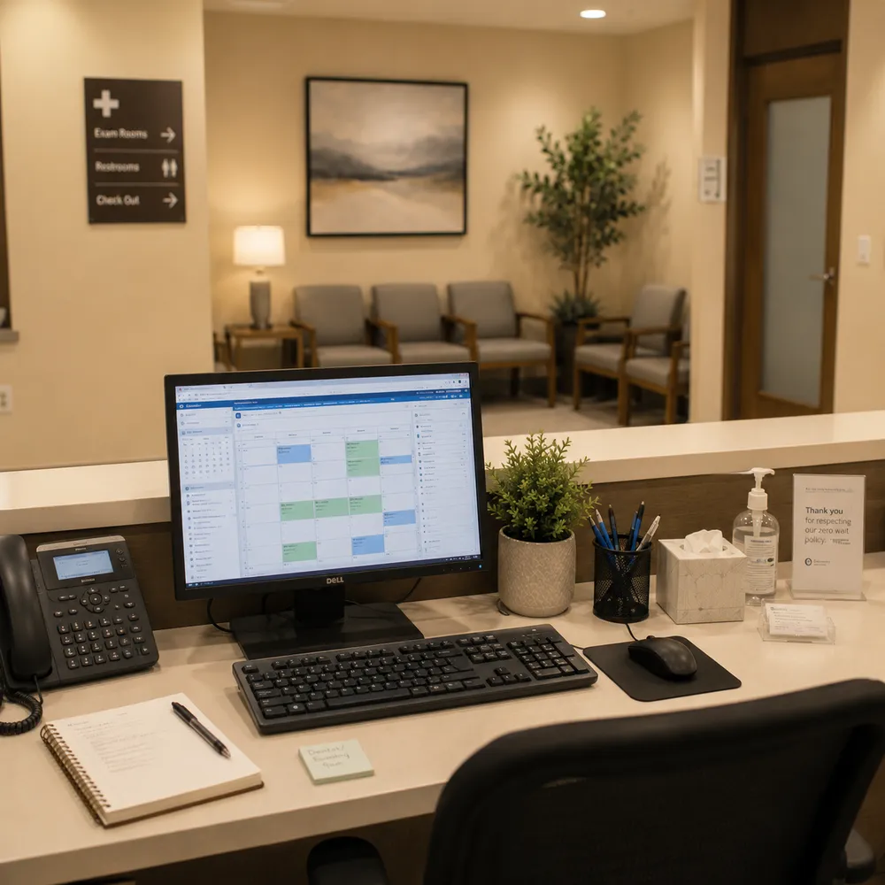 A medical front desk workstation with a scheduling calendar open on the monitor, phone, and waiting room in the background