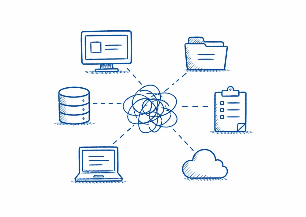 Hand-drawn diagram of many healthcare systems tangled together into a disconnected web