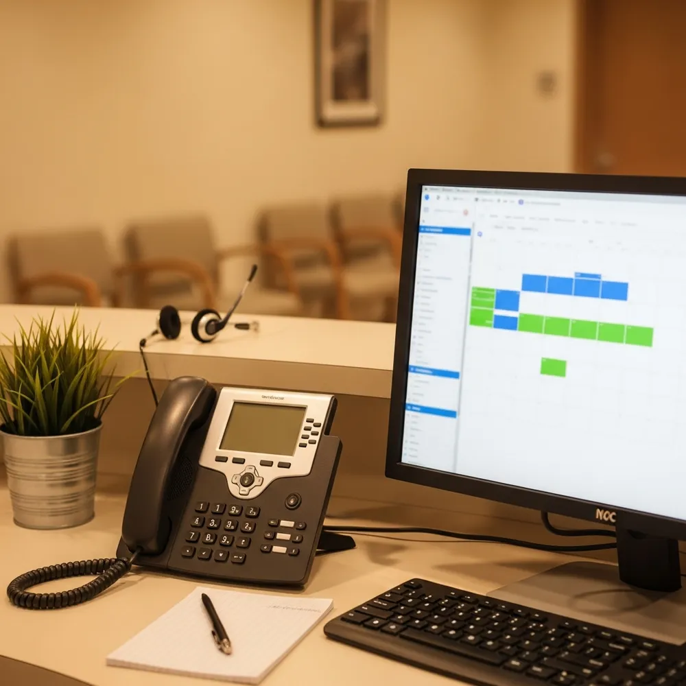 A front desk workstation with a desk phone beside a monitor showing an appointment calendar in a warm clinic setting