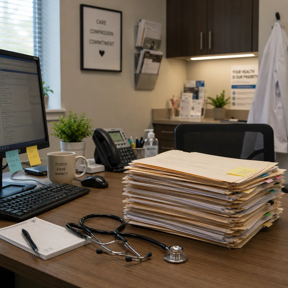 A tall stack of patient charts and paperwork piled on a busy clinic desk beside a computer, phone, and stethoscope