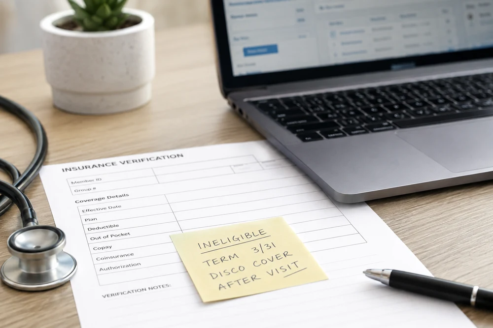 An insurance verification form marked ineligible with a handwritten sticky note beside a laptop