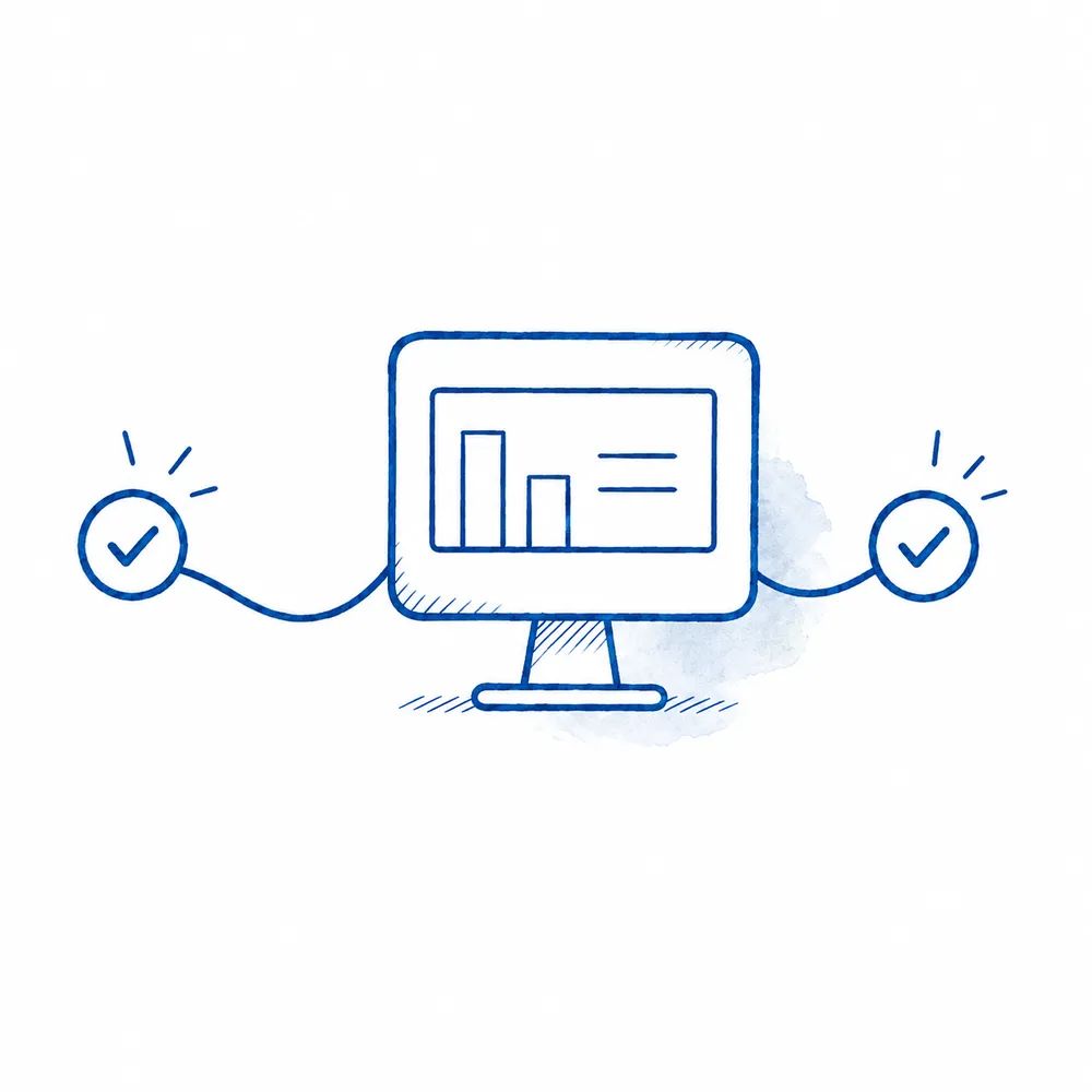 Hand-drawn illustration of a monitor showing a dashboard with charts, flanked by two connected checkmark icons