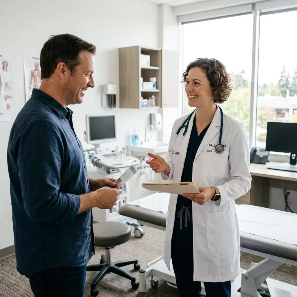 A doctor standing and talking face to face with a patient in a bright exam room