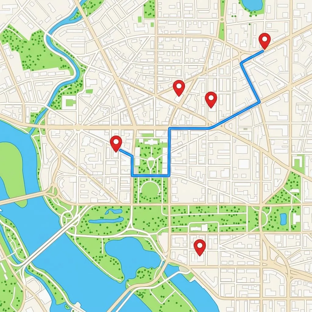 An overhead map view of a city neighborhood with location pins and a highlighted route