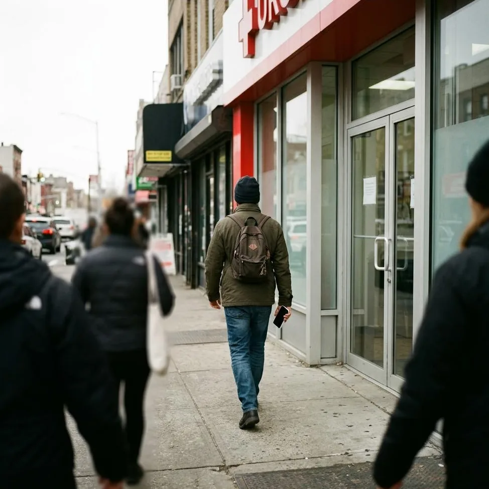 A man with his phone in hand walking toward the entrance of an urgent care clinic on a busy sidewalk