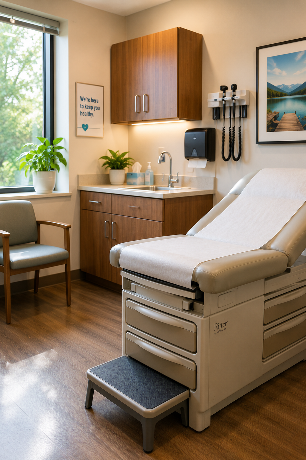 Clean, modern exam room in a healthcare clinic