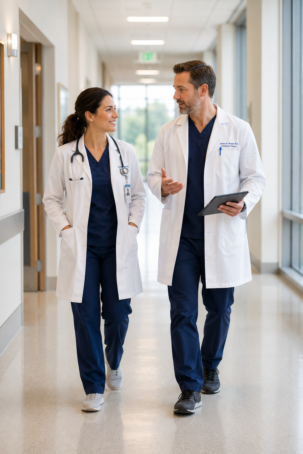 Two clinicians collaborating in a hospital corridor