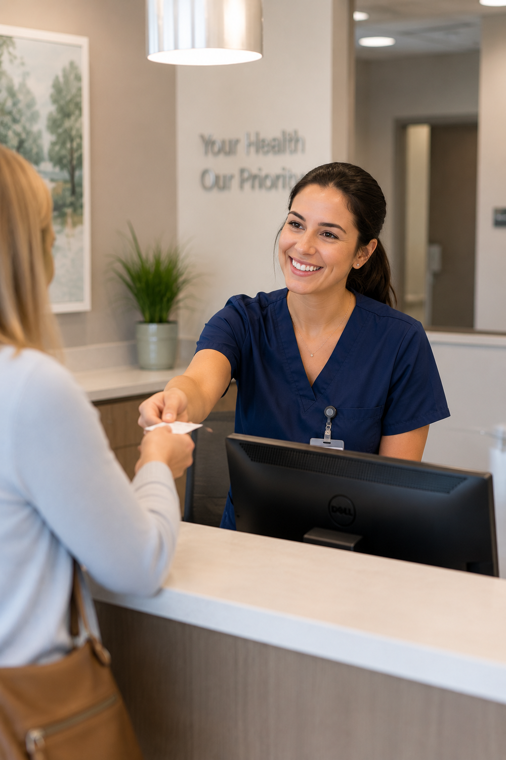Front-desk staff helping a patient at clinic check-in