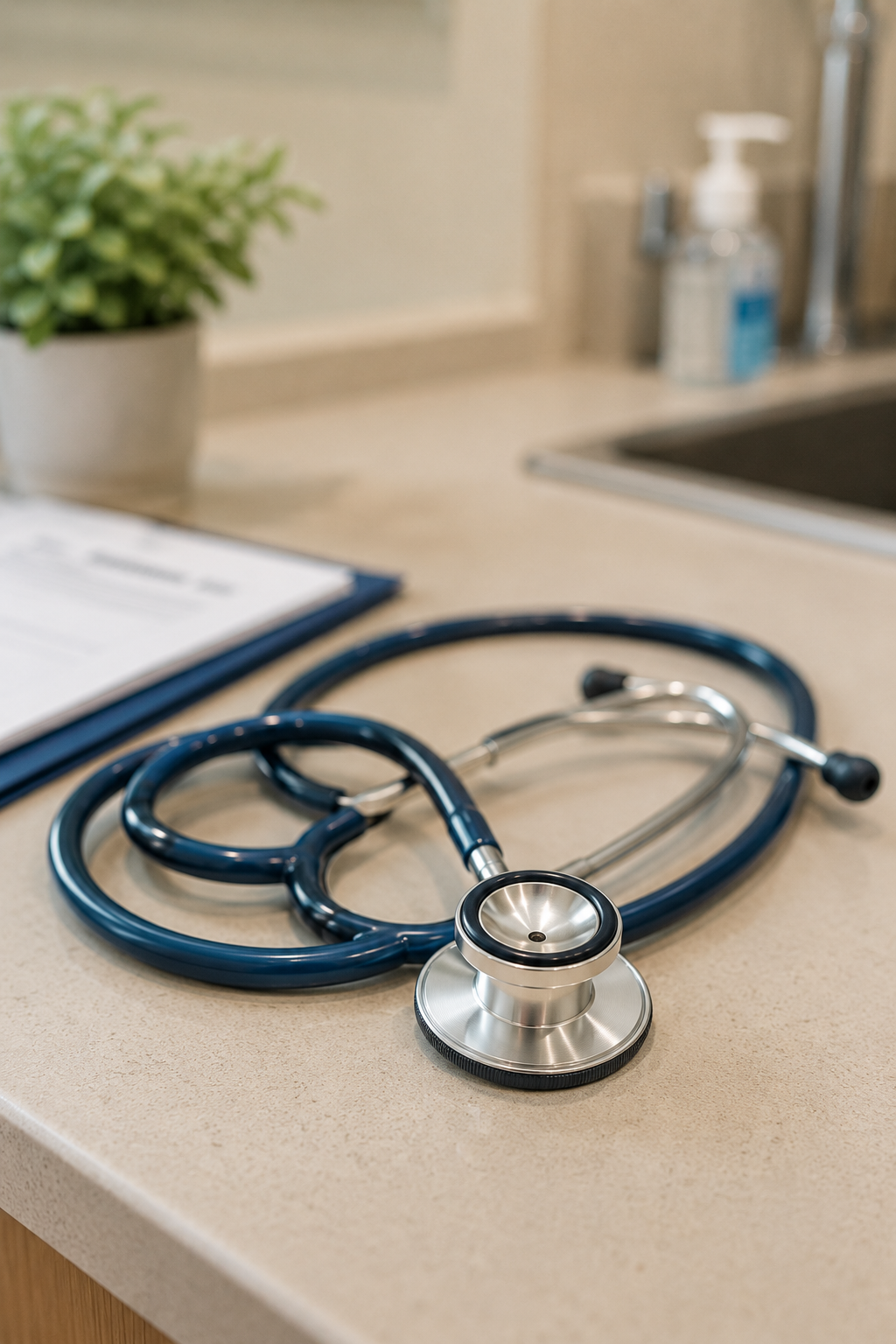Stethoscope resting on a clinical countertop